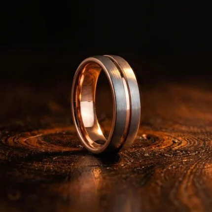 Brushed Silver Tungsten Carbide Ring with Polished Rose Gold Center Groove - Matching Couple Wedding Band