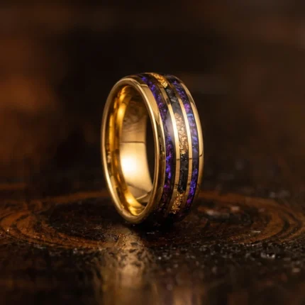 8mm Domed 18K Gold Plated Tungsten Carbide Ring with Crushed Purple Opal and Gold Leaf Inlay - Luxury Mens Wedding Band