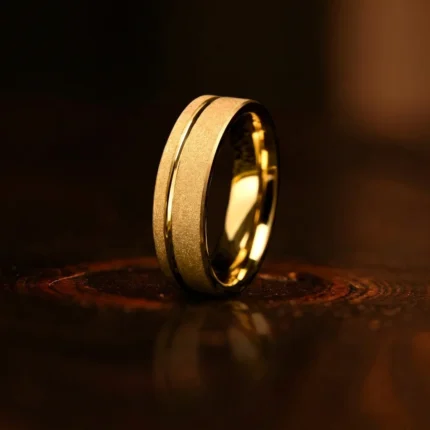 6mm Flat 18K Gold Plated Tungsten Carbide Ring with Sandblast Finish and Offset Polished Groove - Modern Couple Wedding Band