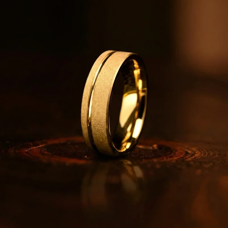 6mm Flat 18K Gold Plated Tungsten Carbide Ring with Sandblast Finish and Offset Polished Groove - Modern Couple Wedding Band