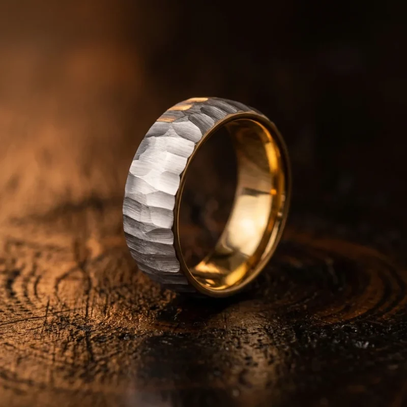 8mm Brushed Silver Tungsten Carbide Ring with Hammered Finish and 18K Gold Interior - Two Tone Mens Wedding Band