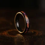 4mm Black Tungsten Carbide Ring with Crushed Amethyst and Gold Leaf Inlay - Unique Unisex Wedding Band