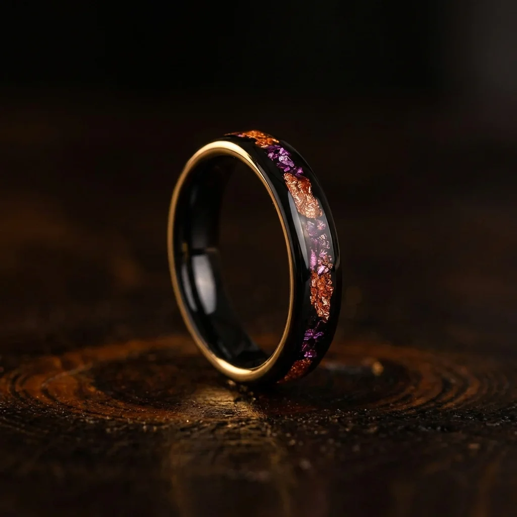 4mm-black-tungsten-ring-amethyst-gold-leaf-inlay 4mm Black Tungsten Carbide Ring with Crushed Amethyst and Gold Leaf Inlay - Unique Unisex Wedding Band