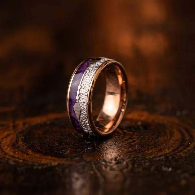 Matching Couple Tungsten Wedding Bands - Rose Gold Plated with Purple Lapis and Silver Meteorite Inlay