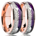 His & Hers Rose Gold Tungsten Rings with Purple Lapis & Meteorite Inlay - 图片 4