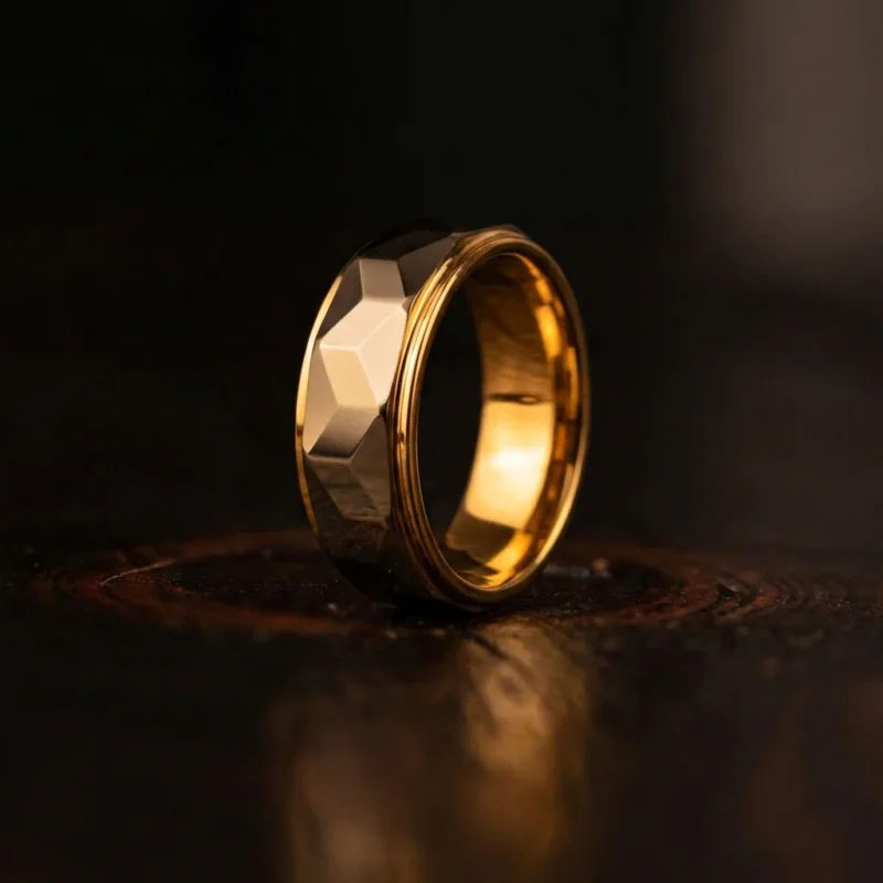 8mm Two-Tone Tungsten Carbide Ring with Geometric Faceted Prism Design - Modern Mens Wedding Band