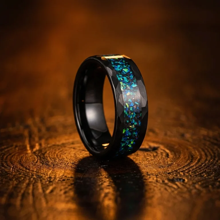 8mm Black Tungsten Carbide Ring with Crushed Blue Green Opal Inlay - Unique Mens Wedding Band