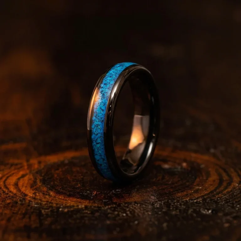 4mm Domed Black Tungsten Carbide Ring with Crushed Natural Turquoise Inlay - Unique Womens Wedding Band