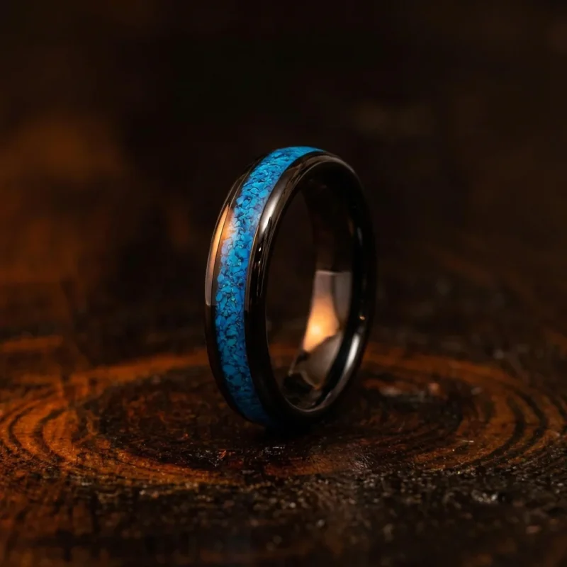 4mm Domed Black Tungsten Carbide Ring with Crushed Natural Turquoise Inlay - Unique Womens Wedding Band