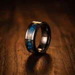 8mm Polished Tungsten Carbide Ring with Beveled Edges and Blue Opal Gold Leaf Inlay - Unique Mens Wedding Band