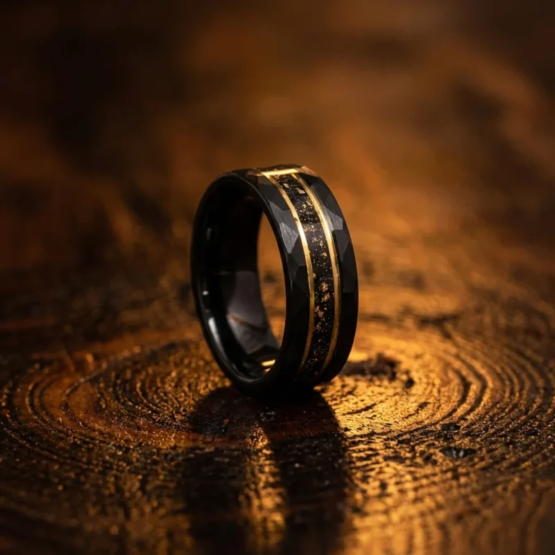 8mm Black Tungsten Carbide Ring with Crushed Gold Leaf and Opal Inlay - Unique Mens Wedding Band