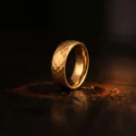 8mm Gold Tungsten Carbide Ring with Hand Hammered Finish - Classic Mens Wedding Band