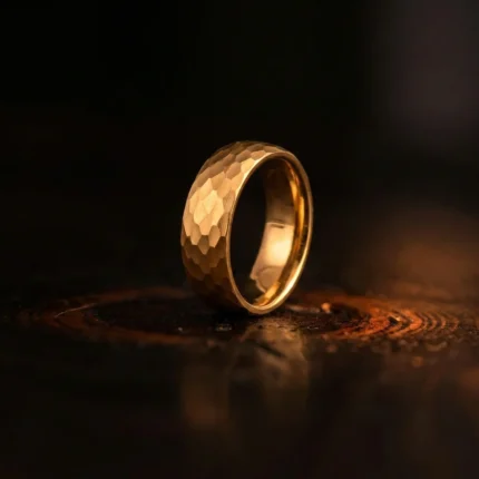 8mm Gold Tungsten Carbide Ring with Hand Hammered Finish - Classic Mens Wedding Band