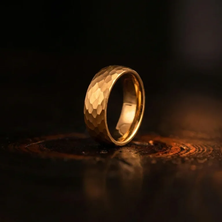 8mm Gold Tungsten Carbide Ring with Hand Hammered Finish - Classic Mens Wedding Band