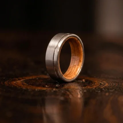 8mm Brushed Silver Tungsten Carbide Ring with Whiskey Barrel Wood Interior - Mens Rustic Wedding Band