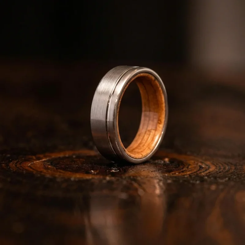 8mm Brushed Silver Tungsten Carbide Ring with Whiskey Barrel Wood Interior - Mens Rustic Wedding Band
