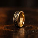 8mm Gold Plated Tungsten Carbide Ring with Crushed Gold Leaf Inlay - Unique Black and Gold Mens Wedding Band