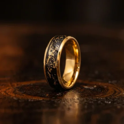 8mm Gold Plated Tungsten Carbide Ring with Crushed Gold Leaf Inlay - Unique Black and Gold Mens Wedding Band